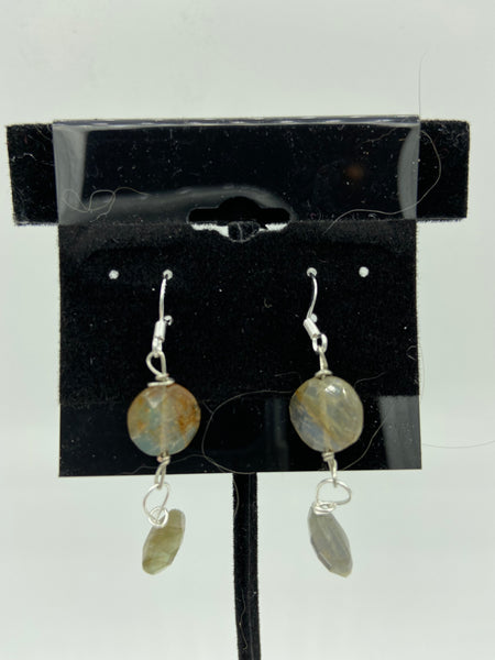 Natural Labradorite Gemstone Faceted Disks Sterling Silver Dangle Earrings