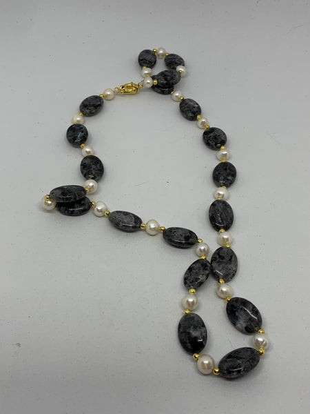 Natural Labradorite Gemstone Oval and Pearl Beaded Necklace