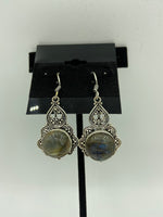 Natural Labradorite Gemstone Round Cabochon Sterling Silver Dangle Earrings