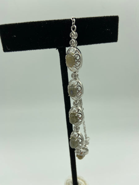 Natural Labradorite Gemstone Ovals Sterling Silver Adjustable Bracelet