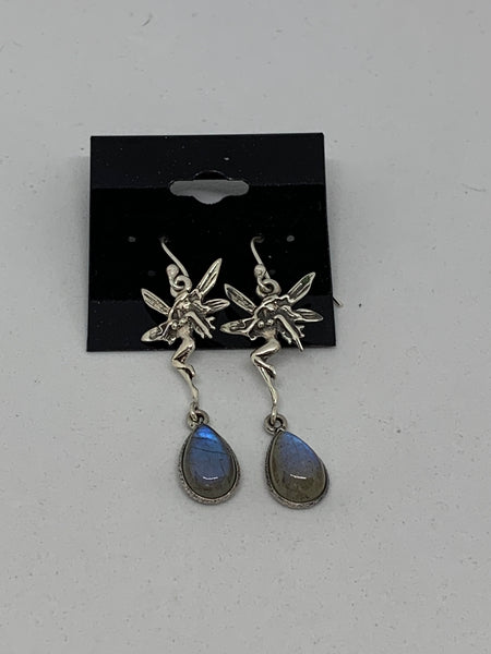 Natural Labradorite Gemstone Teardrop and Sterling Silver Fairy Dangle Earrings