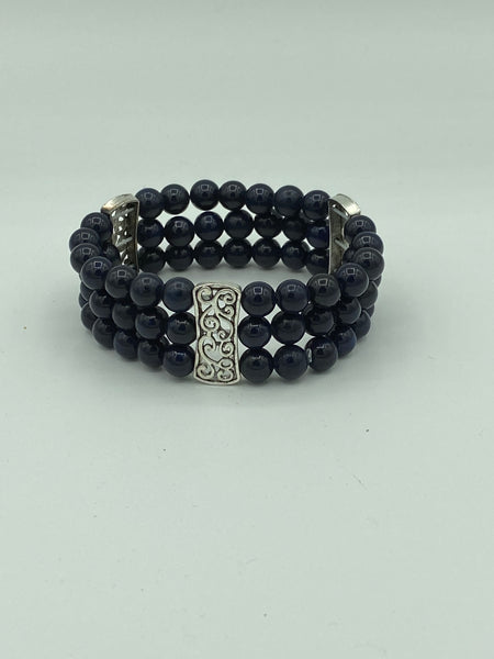 Natural Lapis Gemstone Round and Silver 3 Strand Beaded Stretch Bracelet