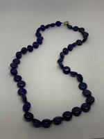 Natural Lapis Gemstone Puffy Coins Long Beaded Necklace