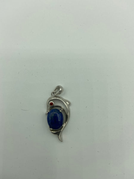 Natural Lapis and Garnet Gemstone Sterling Silver Dolphin Pendant