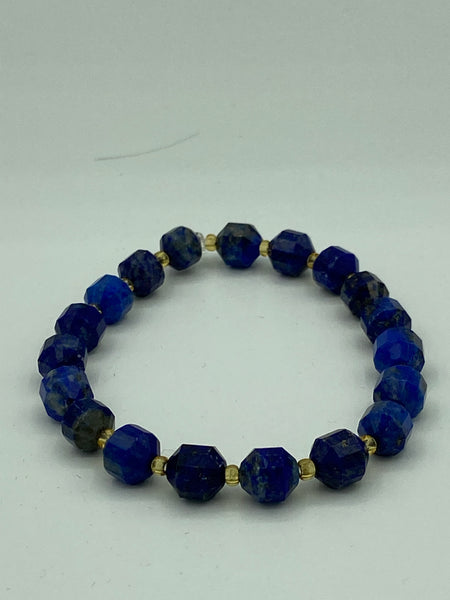 Natural Lapis Gemstone Faceted Barrels and Gold Accent Beaded Stretch Bracelet