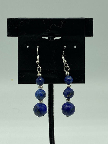 Natural Lapis Lazuli Gemstone Graduated Round Beaded Sterling Silver Earrings