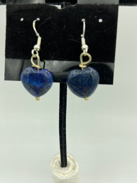 natural lapis gemstone carved heart sterling silver dangle earrings