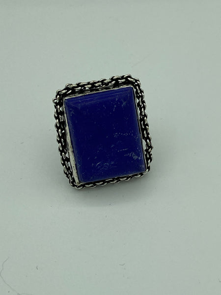 Natural Lapis Gemstone Large Rectangle Sterling Silver Adjustable Ring