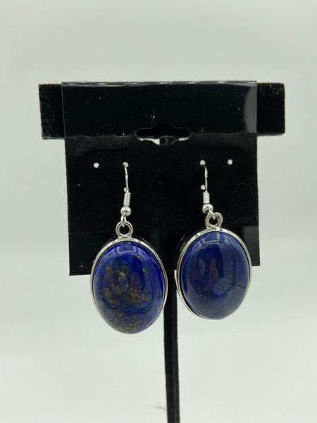 Natural Lapis Lazuli Gemstone Oval Sterling Silver Dangle Earrings