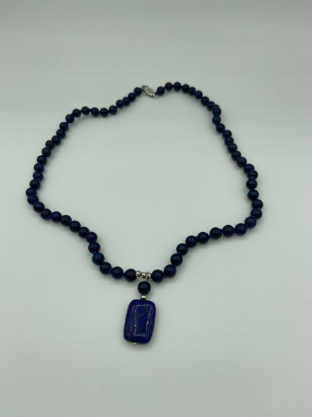 Natural Lapis Gemstone Beaded Necklace with Rectangle Pendant