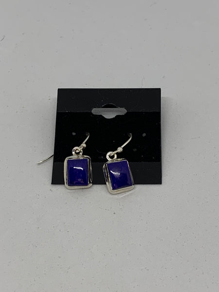 Natural Lapis Gemstone Square Sterling Silver Dangle Earrings