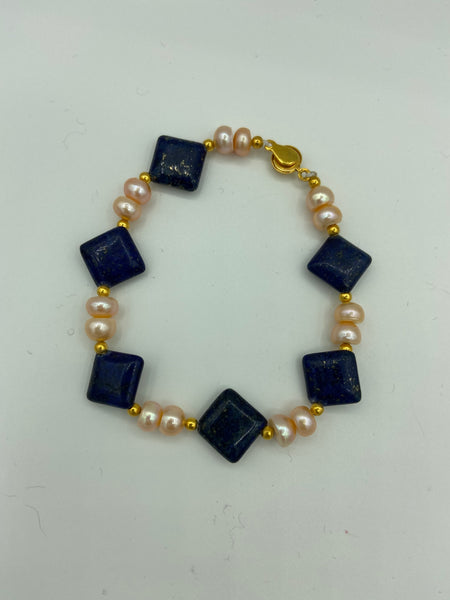 Natural Lapis Squares and Purple Pearl Gemstone Beaded Bracelet