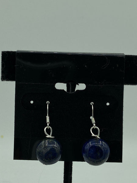 Natural Lapis Gemstone Puffed Coin Beaded Sterling Silver Dangle Earrings