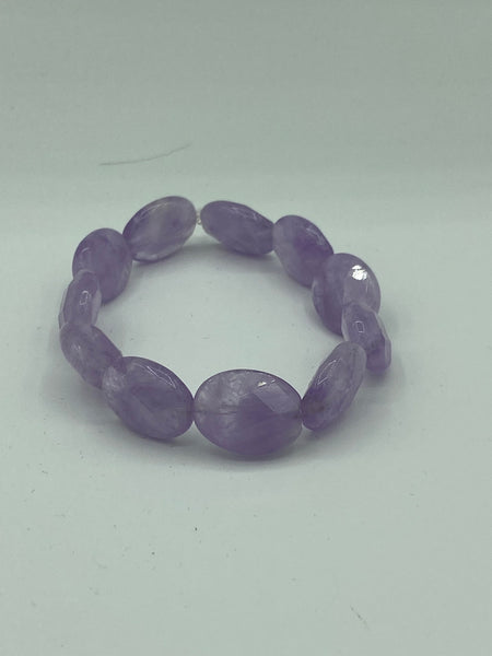 Natural Lavender Amethyst Gemstone Faceted Ovals Beaded Stretch Bracelet