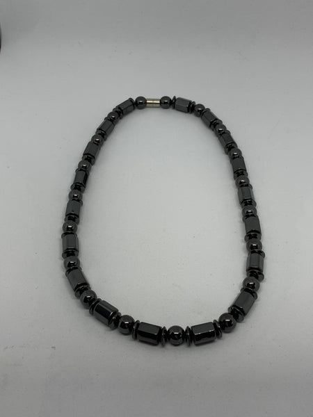 Natural Magnetic Hematite Gemstone Hexagon and Disk Beaded Necklace