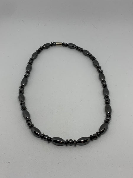 Natural Magnetic Hematite Gemstone Barrel Disk and Round Beaded Necklace