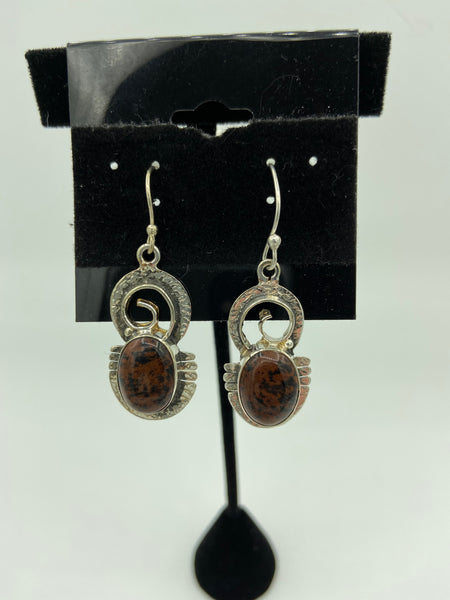 Natural Mahogany Obsidian Gemstone Oval Sterling Silver Dangle Earrings
