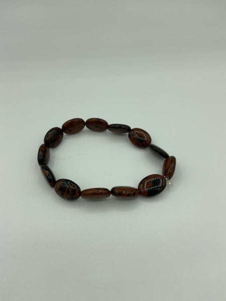 Natural Mahogany Obsidian Gemstone Ovals Beaded Stretch Bracelet
