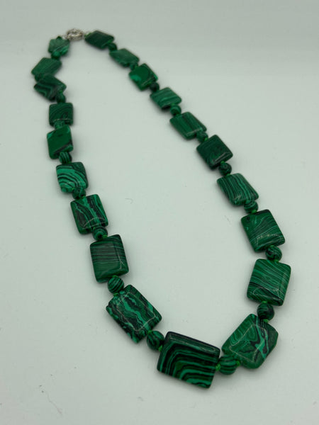 Natural Malachite Gemstone Round and Rectangle Beaded Necklace