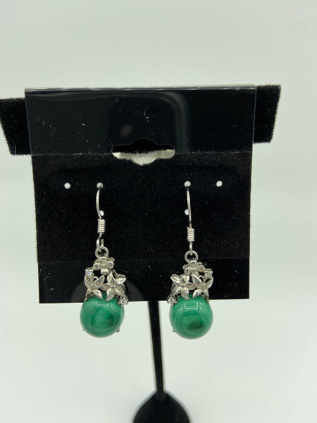 Natural Malachite Gemstone and CZ Round Sterling Silver Dangle Earrings