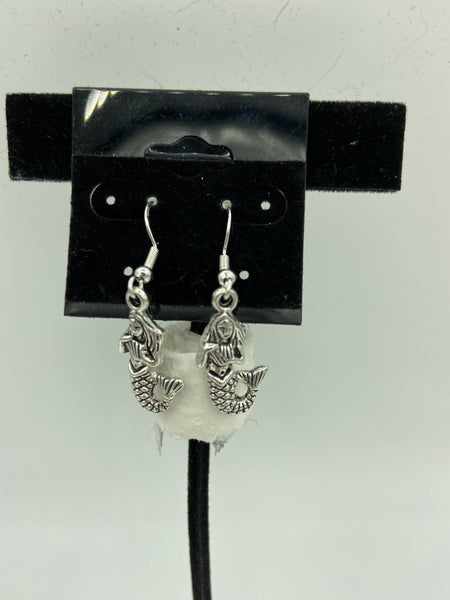 Silvertone 3D Mermaid Charm Dangle Earrings with Sterling Silver Hooks