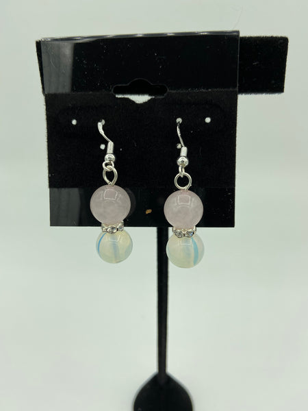 Natural Moonstone & Rose Quartz Gemstone Beaded Sterling Silver Dangle Earrings