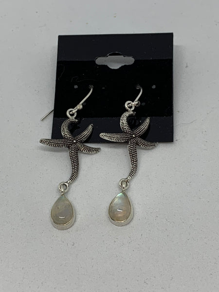 Natural Rainbow Moonstone Gemstone Sterling Silver Starfish Dangle Earrings
