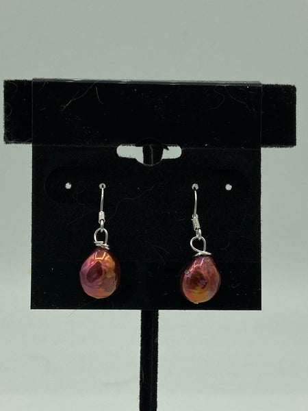 Natural Pink Mother of Pearl Gemstone Coin Bead Sterling Silver Dangle Earrings