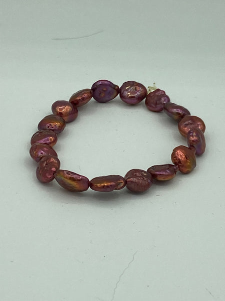 Natural Pink Mother of Pearl Gemstone Puffy Coins Beaded Stretch Bracelet