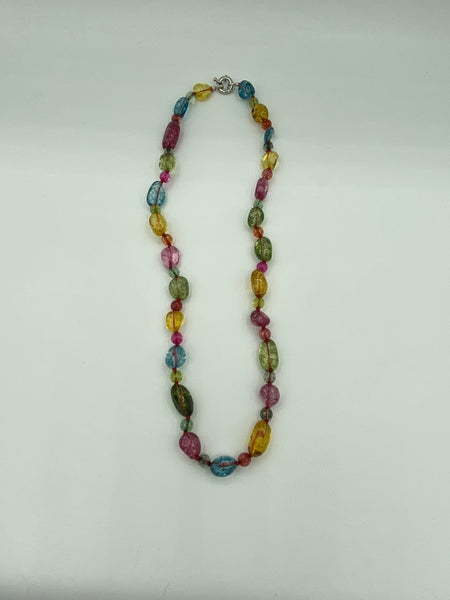 Natural Multicolor Tourmaline Gemstone Tumbled and Round Beaded Necklace