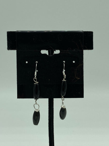 Natural Obsidian Gemstone Rice Beaded Sterling Silver Dangle Earrings