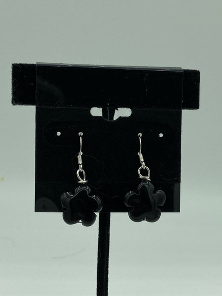 Natural Obsidian Gemstone Flower Beaded Sterling Silver Dangle Earrings