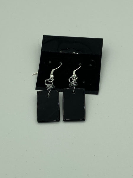 Natural Obsidian Gemstone Rectangle Sterling Silver Dangle Earrings