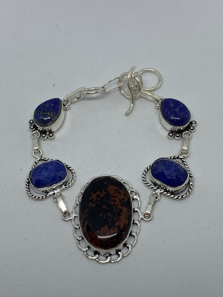 Natural Obsidian and Tanzanite Gemstone Sterling Silver Adjustable Link Bracelet