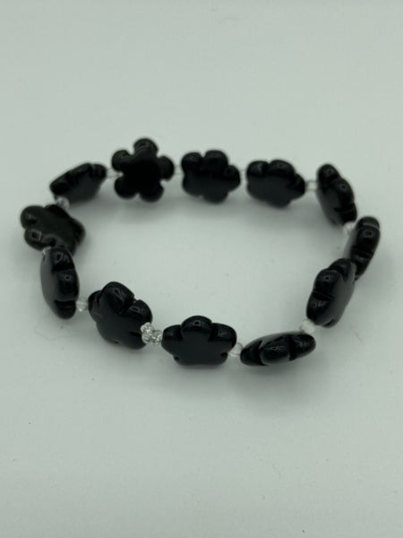 Natural Obsidian Gemstone Carved Flowers Beaded Stretch Bracelet
