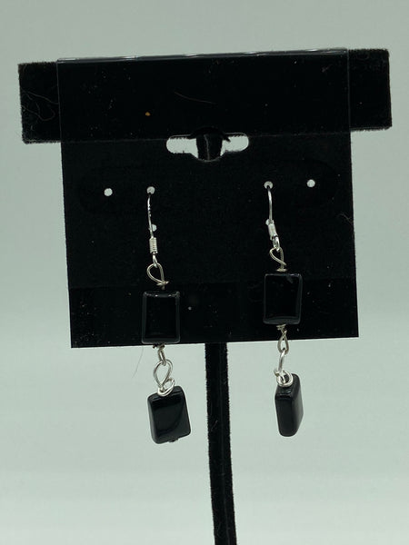 Natural Obsidian Gemstone Rectangles Beaded Sterling Silver Dangle Earrings