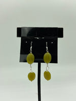 Natural Olive Jade Gemstone Ovals Beaded Sterling Silver Dangle Earrings