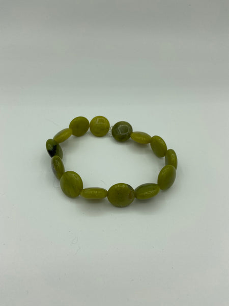 "Natural Olive Jade Gemstone Puffy Disks Beaded Stretch Bracelet"