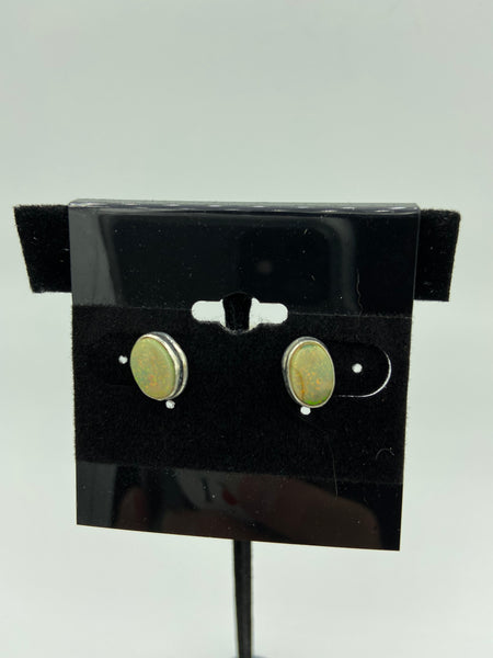 Natural Opal Gemstone Oval Sterling Silver Stud Earrings