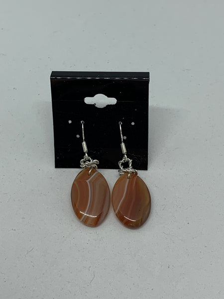 Natural Orange Agate Gemstone Oval Sterling Silver Dangle Earrings