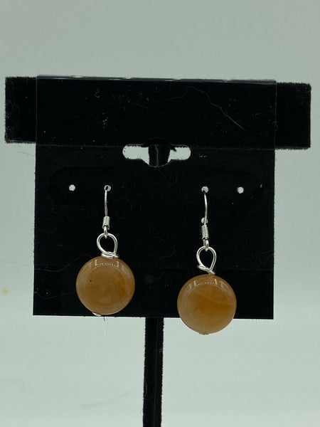 Natural Orange Aventurine Gemstone Disk Beaded Sterling Silver Dangle Earrings