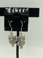 Silvertone Owl Charm Dangle Earrings Silvertone or Sterling Hooks