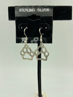 silvertone paw print charm dangle earrings with sterling silver hooks