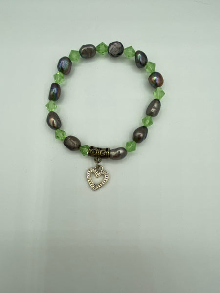 Peacock Baroque Pearl and Bronze Glass Beaded Stretch Heart Charm Bracelet