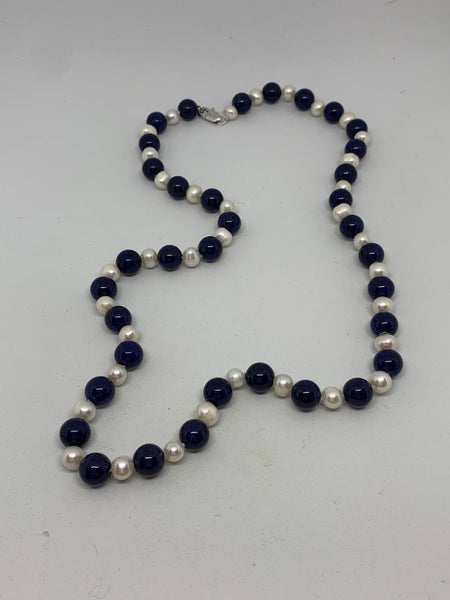 Natural Lapis Lazuli and Pearl Gemstone Long Round Beaded Necklace