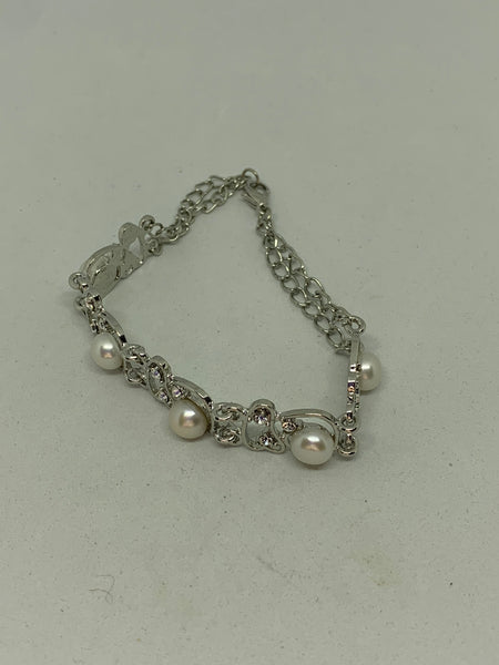 Elegant White Pearl and CZ  Silvertone Link Bracelet