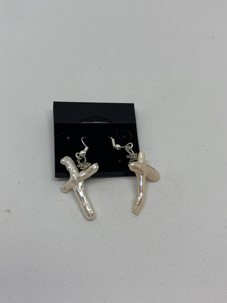 Natural Pearl Gemstone Carved Cross Sterling Silver Dangle Earrings