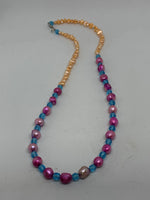 Pink and Yellow Baroque Pearl with Blue Glass Accents Beaded Necklace