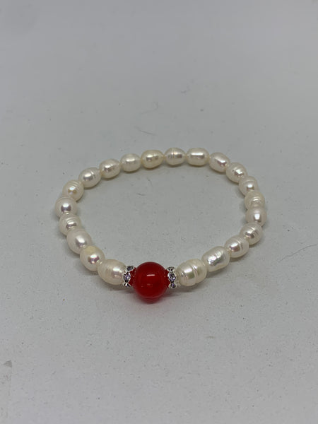 Natural Pearl and Ruby Gemstone Beaded Stretch Bracelet