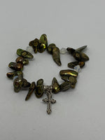 Natural Pearl Shell Beaded Stretch Bracelet with Silvertone Cross Charm